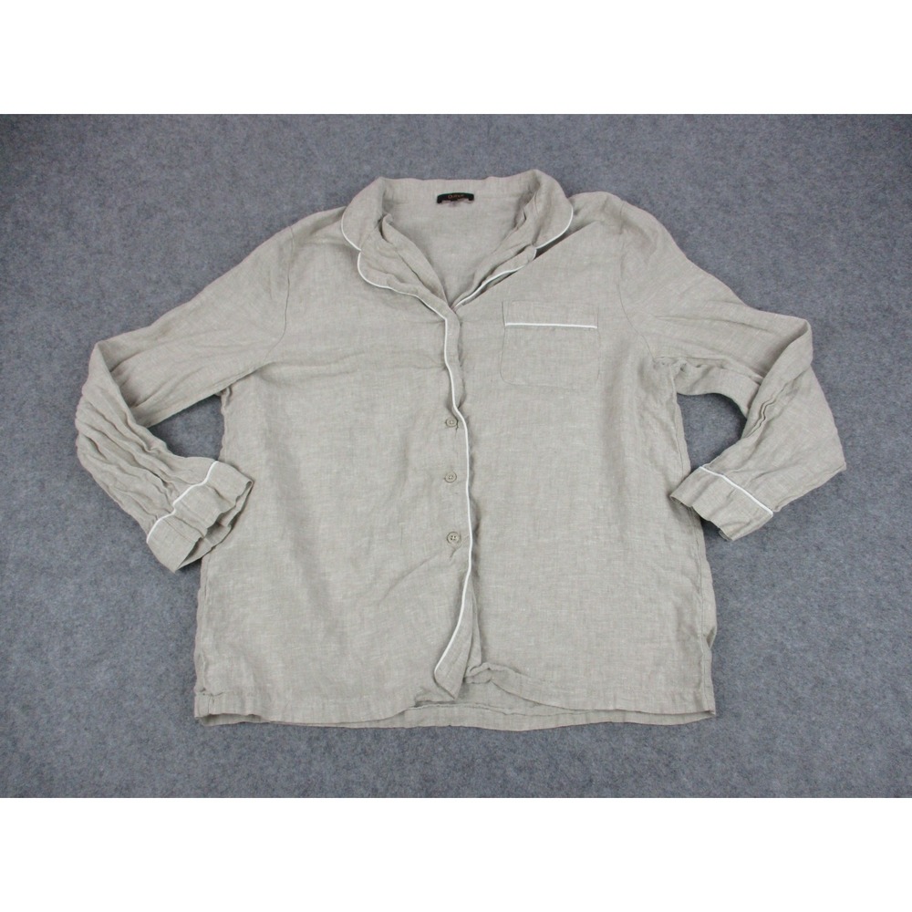 Quince Pajama Top Womens Large Beige Linen Button Up Piping Long Sleeve Lounge